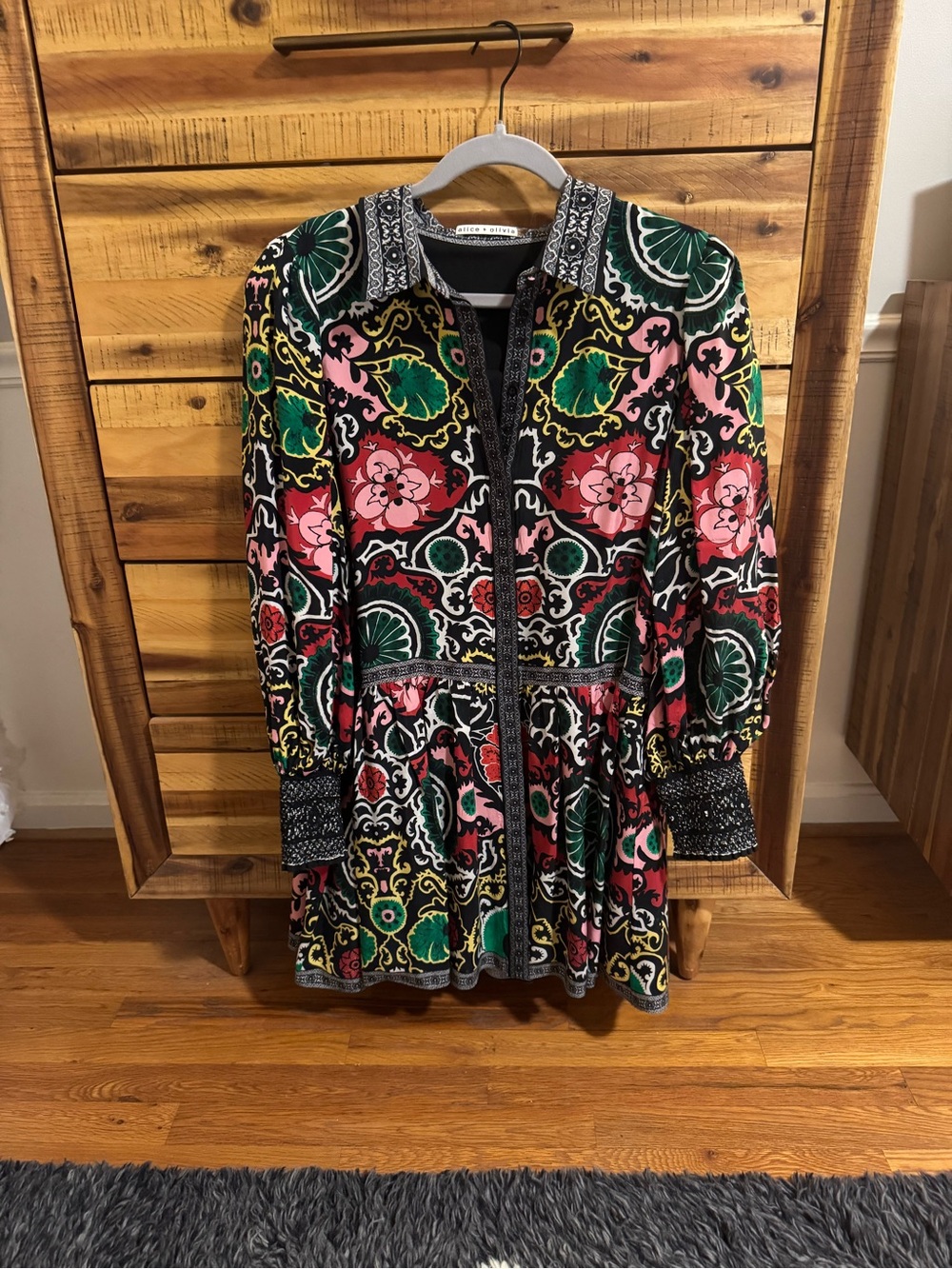Alice + Olivia Black Floral Long-Sleeve Printed Dress with Pink & Green Accents